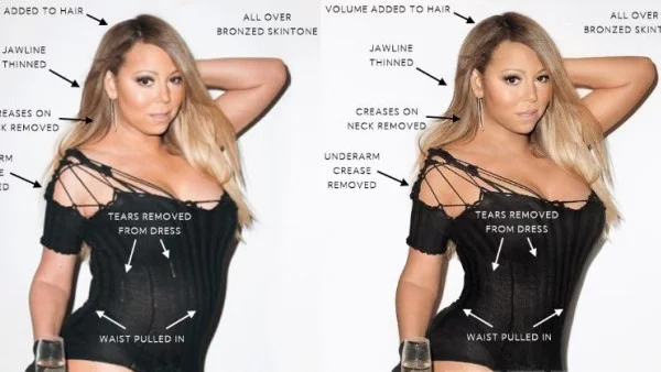 Марая Кери преди и след Фотошоп