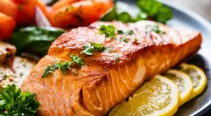 Филе от сьомга на тиган с шам фъстък