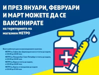 Дейността на ваксинационните пунктове на територията на магазини МЕТРО в четири града се удължава до 31 март 2022 година