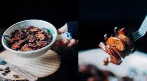 Гъби на тиган със сос от кафе